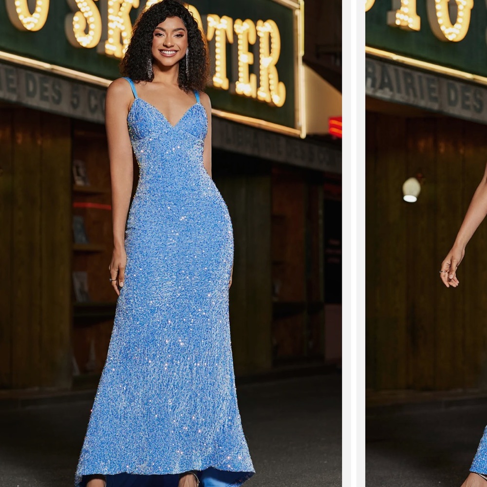 Sparkly Blue Mermaid Spaghetti Strap Long Formal Dress with Sequins!!